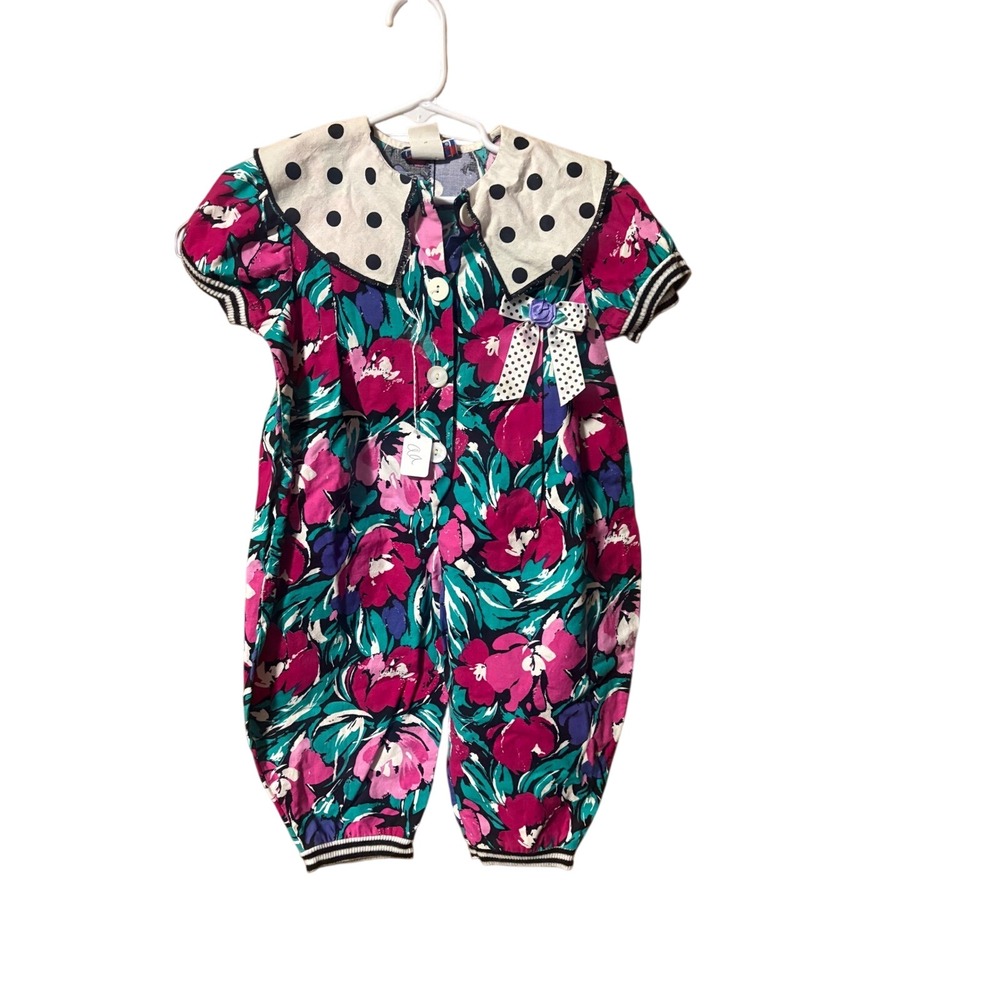 Vintage Girls Floral Romper‎ Polka Dot Collar Magenta Teal 80s 90s One Piece